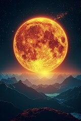 Fiery Orange Full Moon Rising Over Mountains, Hills, and Valleys in a Surreal Landscape