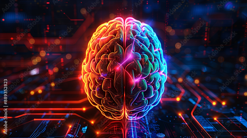 Poster a vibrant image of a brain with interconnected neurons glowing in neon colors, symbolizing artificia