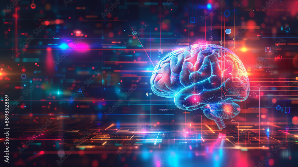 Poster a colorful depiction of a brain with quantum computing elements, highlighted by dynamic light effect