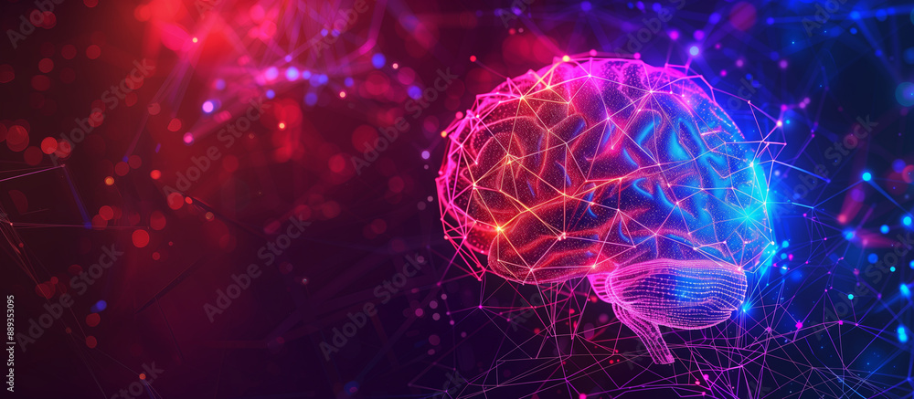 Poster a vibrant image of a brain with interconnected neurons glowing in neon colors, symbolizing artificia