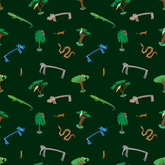  Jungle animals, colorful exotic birds and tropical plants. Seamless pattern for children and teenagers on textiles, prints, paper products, on the Internet. Universal. Vector. Illustration