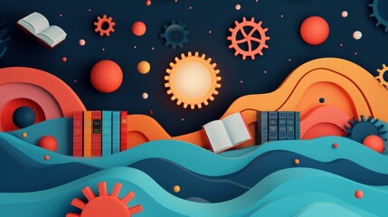 Obraz premium abstract illustration of knowledge and learning with books, gears, and planets in a wavy, colorful landscape.