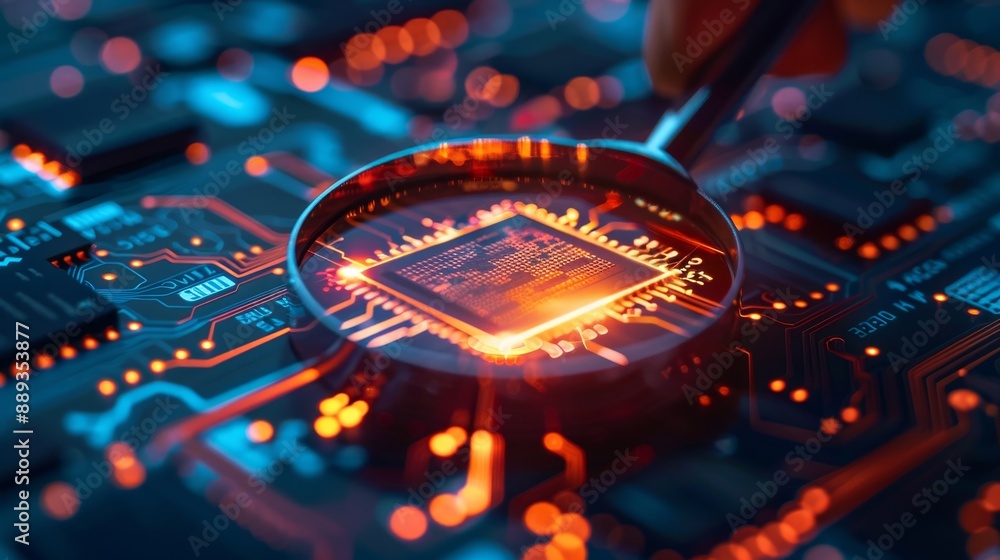 Poster close-up of a glowing cpu processor chip on a circuit board magnified with a lens.