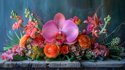 Exotic Floral Arrangement on a Rustic Table: A macro shot of a vibrant floral arrangement featuring a mix of tropical flowers and local wildflowers.