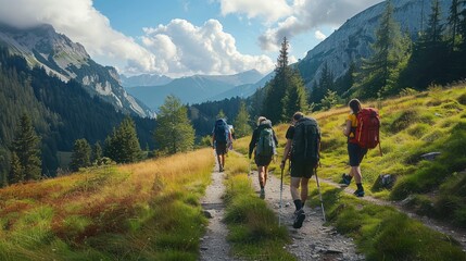 Obraz premium Adventurers Hiking Through Majestic Mountain Trails