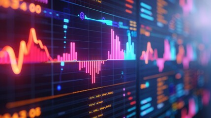 digital stock market data analysis - neon pink and orange line graphs on a black background with a sun flare