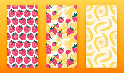 Fototapeta premium Vector seamless patterns set of many big strawberries, bananas. Berry and fruit taste mix. Funny cartoon prints. Cute bright art for juice, smoothie, baby food packaging layout design, cloth swatch