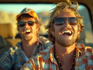 Happy Friends on Road Trip Embracing Adventure with Scenic Views