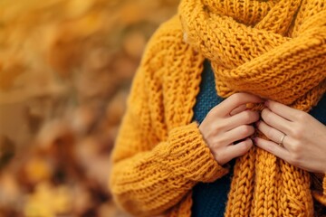 woman wearing a yellow knitted scarf and sweater in autumn with blurred golden leaves background.