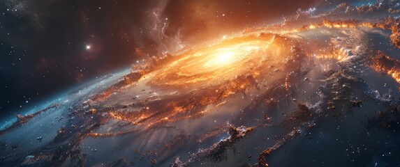 A wide shot depicts the black hole accretion disk with its thin dust ring and two bright stars on either side, with space in between them. The scene is seen from very far away, with deep distance. In 