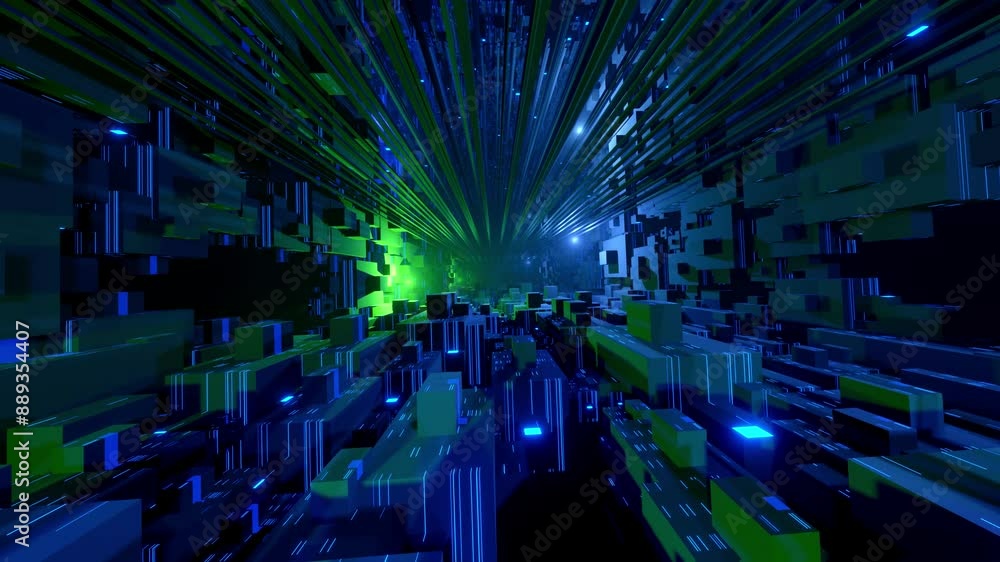 Poster flight through hi-tech technology tunnel with camera shake. neon light and mist, sci-fi construction