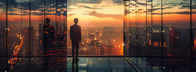 Facebook Cover Photo of a Businessman Overlooking a Cityscape at Sunset