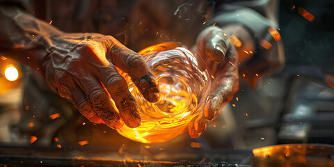 A glassblower’s hands shaping molten glass, creating intricate and delicate glassware