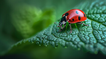 Fototapeta premium A close-up of a ladybug with bright red wings and distinctive black spots, moving along a moss-covered branch, surrounded by the lush greens of the forest.