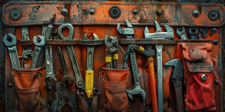 A handyman's tool belt, fully equipped with wrenches, hammers, and screwdrivers, ready for any task