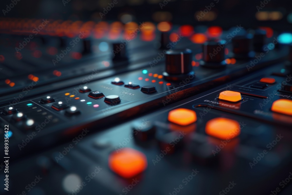 Poster Close-up shot of a sound board with multiple knobs and controls