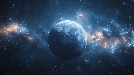 Obraz premium A planet with rings, seen from space, blue light in the background, illustration style, simple, dark blue and brown tones, high resolution, high quality, high detail,