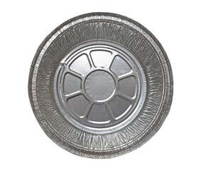 Round empty Aluminum Food Tray disposable isolated on white background with clipping path, top view. Foil food container or baking tray for air fryer use.