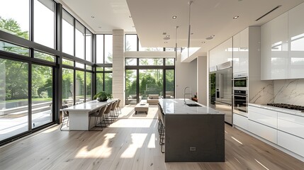 Fototapeta premium High-resolution professional photograph of a minimalist modern kitchen with sleek white cabinets, stainless steel appliances, and natural light flooding in through large windows.