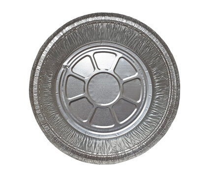 Round empty Aluminum Food Tray disposable isolated on white background with clipping path, top view. Foil food container or baking tray for air fryer use.