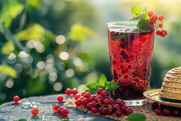 A glass of red currant drink with fresh mint sits on a wooden table outdoors, surrounded by red currants and a straw hat