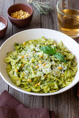 Farfalle pasta with pesto sauce. Healthy eating. Vegetarian food.