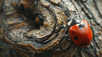 A close-up of a ladybug with bright red wings and distinctive black spots, moving along a moss-covered branch, surrounded by the lush greens of the forest.