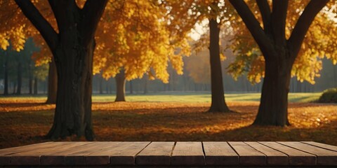 Table in front of autumn background Ready for product display. AI generated.