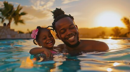 Handsome man with his little daughter having fun together in the pool at sunset.