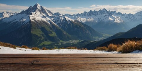 Wooden table with a scenic top with blur background of Alpine with snow capped. AI generated.