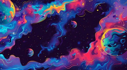 Colorful Psychedelic Space Scene with Planets, Nebulae and Clouds 