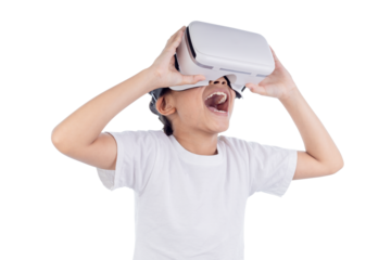 Excited Asian girl wearing VR glasses, isolated on white background with clipping paths. Children use virtual reality gaming equipment virtual reality technology