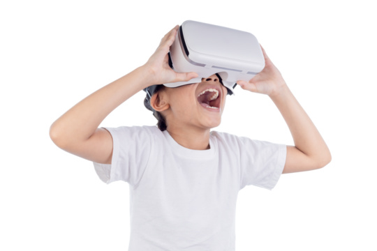 Excited Asian girl wearing VR glasses, isolated on white background with clipping paths. Children use virtual reality gaming equipment virtual reality technology