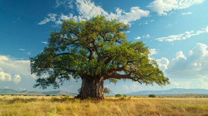 Stately baobab bonsai tree with thick trunk in an African savannah