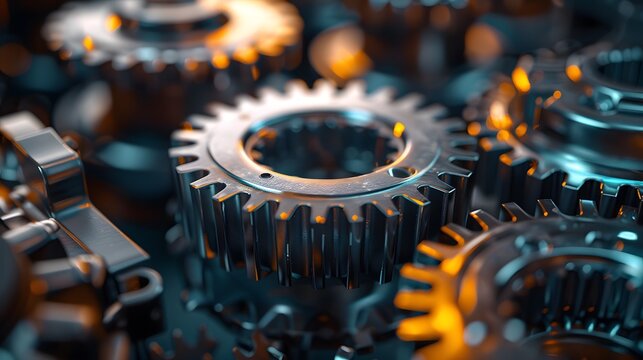 Industrial gears, metallic machinery, interlocking cogs, mechanical engineering, steel blue tones, sharp focus, intricate details, engine parts, automotive technology.