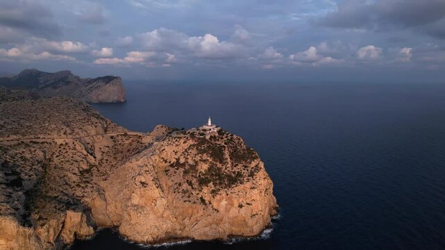 Aerial view of majestic cliff, sea, lighthouse, and rocks at Cap Formentor, Mallorca, Spain.