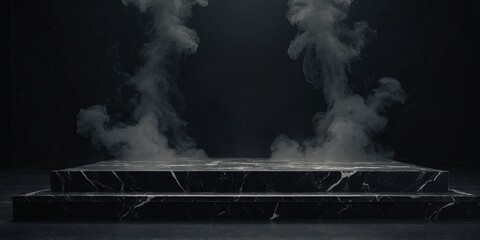 Podium black dark smoke background product platform abstract stage. AI generated.
