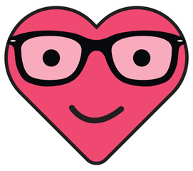 Cartoon cute funny heart with face wears glasses. Color vector. white background.