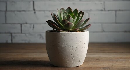 Succulent Plant in a White Concrete Pot on a Wooden Surface.