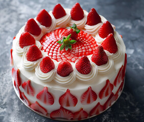 close-up of festive fruit cake with fresh strawberries and cream