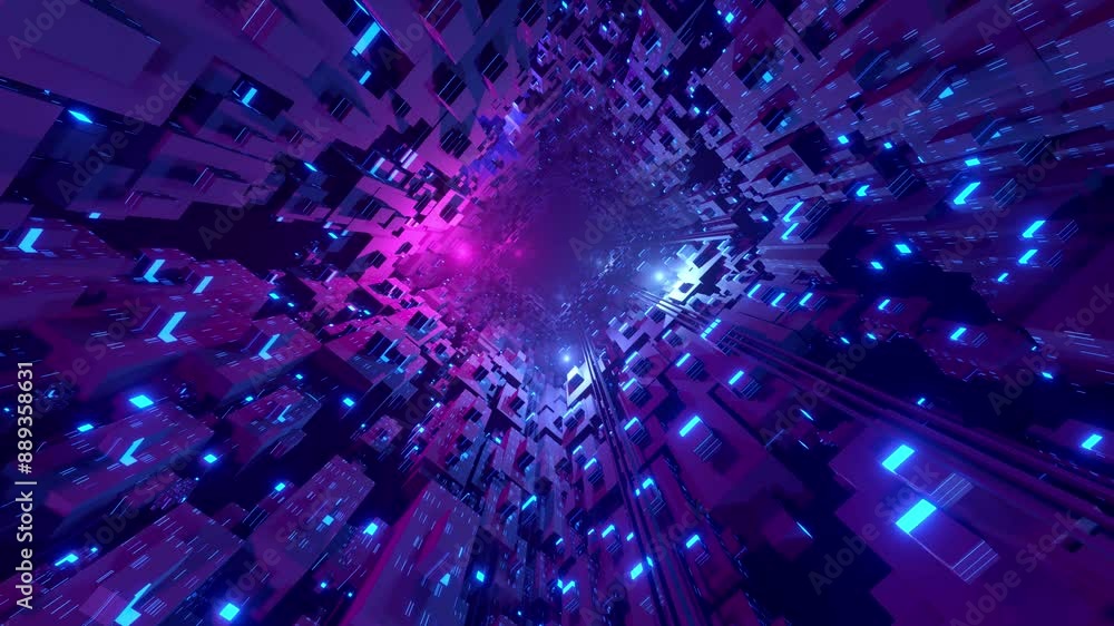 Poster flight through hi-tech technology tunnel with camera shake. neon light and mist, sci-fi construction