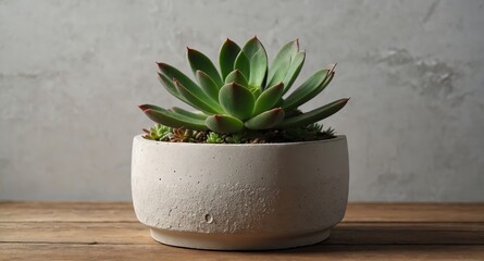 Obraz premium Succulent Plant in a White Concrete Pot on a Wooden Surface.