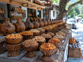 Fototapeta premium Exploring the Vibrant Artisan Market: Handmade Crafts and Artisans Interacting with Customers in Cultural Setting
