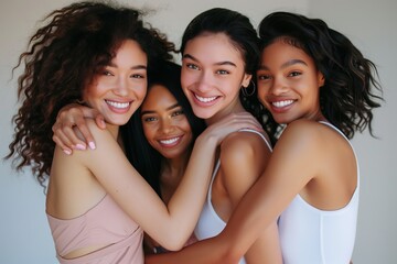 Obraz premium A heartwarming scene shows four young women radiating happiness and unity, embracing each other with genuine affection and camaraderie in a diverse and lively display of togetherness