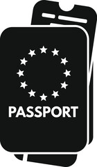 Black icon of an international passport showing the european union symbol with a ticket inside