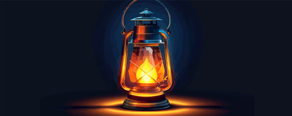 Antique brass lantern with glowing light and handle Vector flat minimalistic isolated illustration