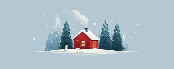 A cozy winter cabin with smoke billowing from the chimney and snow covering the ground. Vector flat minimalistic isolated illustration.