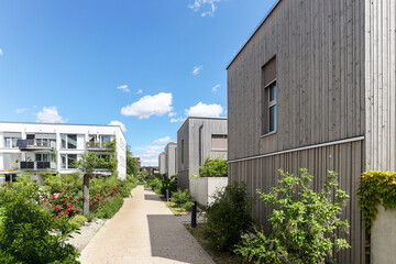 Residential area with ecological and sustainable green residential buildings, low-energy houses...