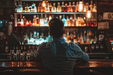 Fototapeta premium Photo of a bartender at a bar with no face showing