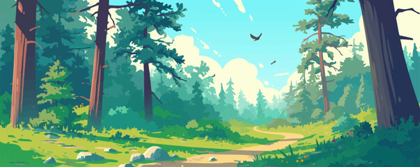 Tranquil forest scene with pine trees and a winding path, natural serenity vector flat minimalistic isolated illustration